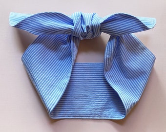 Classic Blue And White Seersucker Wide Hair Tie HeadBand Bow Hair Band Tie Wrap Bow | Cute Retro Pin-Up Chic Fashion Accessory