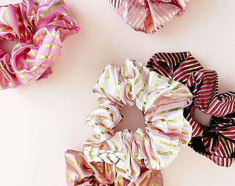 Pink Christmas Gift Wrapper Elastic Scrunchies | Women's Girl's Fashion Hair Accessories Ponytail Buns Top Knots (6 patterns available)