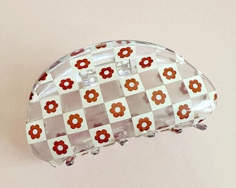 Transparent and Cream Orange Flower Plaid Hair Claw Clips Accessory