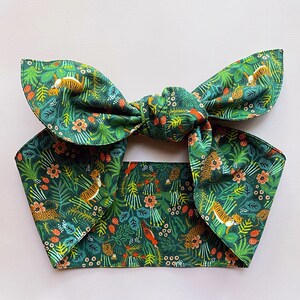 Green Jungle Fun Modern Rifle Paper Floral Wide Hair Tie HeadBand Bow Band Tie Wrap Bow | Cute Retro Pin-Up Chic Fashion Accessory
