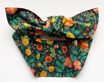 Botanical Black Floral Vibrant Rifle Paper Floral Wide Hair Tie HeadBand Bow Band Tie Wrap Bow |Cute Retro Pin-Up Chic Fashion Accessory