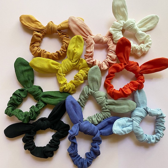 Linen Cotton Solid Bunny Ear Knotted Fabric Elastic Bow Scrunchies | Women's Girl's Fashion Hair Accessories Ponytail Buns Top Knots