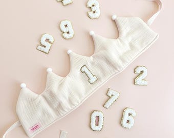 Soft Cotton "Grow With Me" Fabric Birthday Crown w/ Adhesive White Gold Chenille Number Patches |Adjustable Reversible Baby Toddler Children
