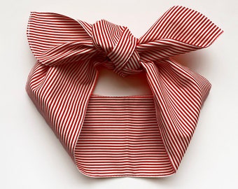 Red and White Skinny Stripes Hair Tie HeadBand Bow Band Tie Wrap Bow | Cute Retro Pin-Up Chic Fashion Accessory | Peppermint Valentines Day