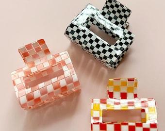 Retro Small Checkered Pink Orange Small Hair Claw Clip | Women's Girl's Trendy Fashion Hair Accessories (3 colors available)