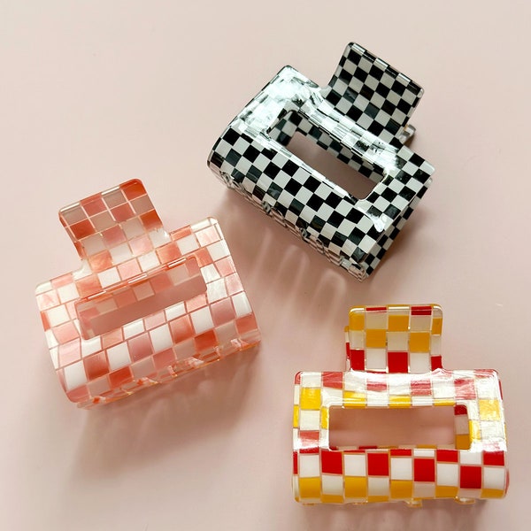 Retro Small Checkered Pink Orange Small Hair Claw Clip | Women's Girl's Trendy Fashion Hair Accessories (3 colors available)