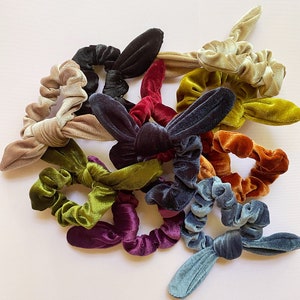 Premium Velvet Solid Bunny Ear Knotted Fabric Elastic Bow Scrunchies | Women&#39;s Girl&#39;s Fashion Hair Accessories Ponytail Buns Top Knots