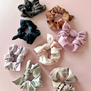 Premium Satin Solid Bunny Ear Knotted Fabric Elastic Bow Scrunchies | Women&#39;s Girl&#39;s Fashion Hair Accessories Ponytail Buns Top Knots