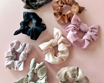 Premium Satin Solid Bunny Ear Knotted Fabric Elastic Bow Scrunchies | Women's Girl's Fashion Hair Accessories Ponytail Buns Top Knots