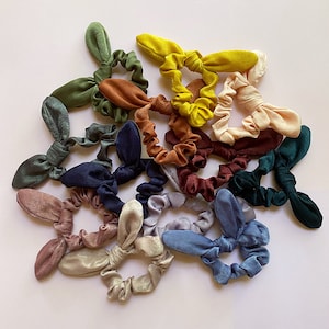 Premium Satin Solid Bunny Ear Knotted Fabric Elastic Bow Scrunchies | Women&#39;s Girl&#39;s Fashion Hair Accessories Ponytail Buns Top Knots