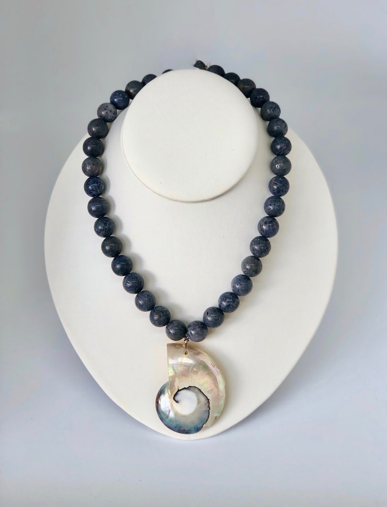 Nautilus Shell Necklace Blue Sponge Coral Coastal Jewelry Etsy