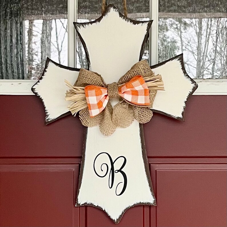 Distressed Rustic Wooden Cross Door Hanger/Monogrammed/Burlap Bow/Easter/Wall Decor/Easter/Home/Office Decor/Birthday Gift/Housewarming Gift image 9
