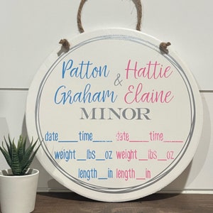 CUSTOM Twins Baby Door Hanger/Any Theme/Hospital/It&#39;s a Boy/Girl/Nursery Decor/Circle Sign/Baby Shower/Birth Stats/Welcome/Announcement