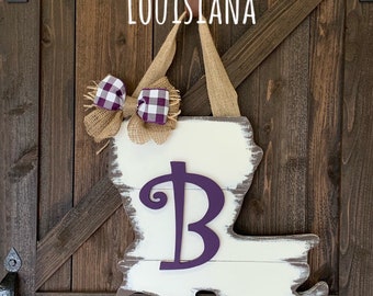 Louisiana/State/Distressed/Monogrammed/Door Decor/Wedding Gift/Rustic/Housewarming/Plaque/Door Hanger/Wooden Sign/Initial/Farmhouse