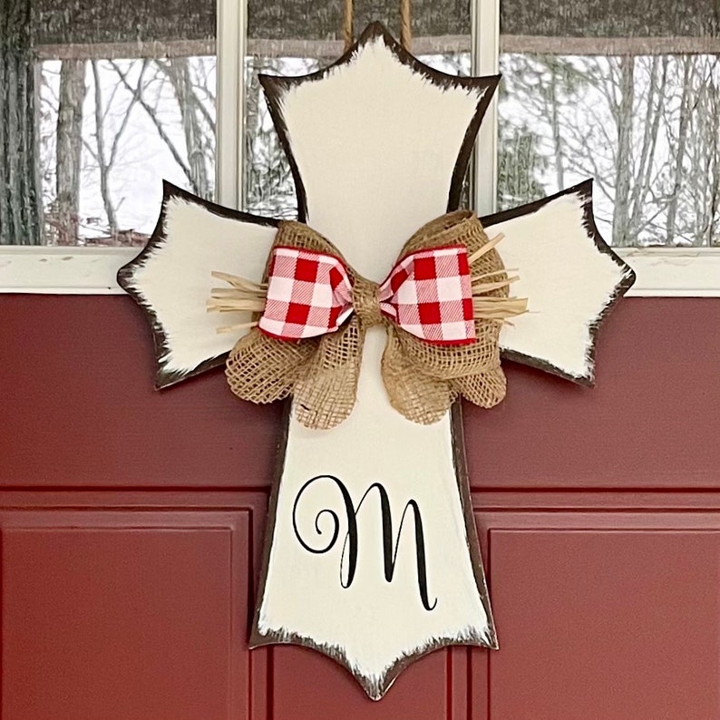 Distressed Rustic Wooden Cross Door Hanger/Monogrammed/Burlap Bow/Easter/Wall Decor/Easter/Home/Office Decor/Birthday Gift/Housewarming Gift image 1