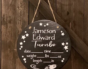 Rocket Ship and Stars Baby Door Hanger/Circle/Baby Decor/Hospital/Birth Stats/Nursery Decor/Baby Shower/Welcome Baby/It's a Boy/Girl