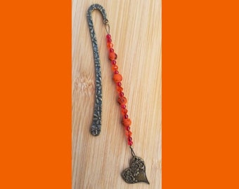 Book Jewelry – Bronze Heart Bookmark (Large Heart) – Orange and Red (# 078)