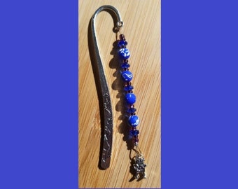 Book Jewelry - Robot Bookmark – Blue and Maroon glass beads (# 042)