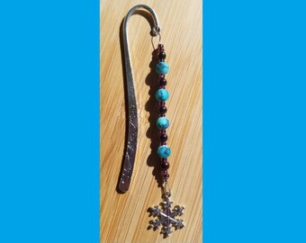 Book Jewelry - Snowflake Bookmark – Blue-green and Maroon glass beads (# 038)