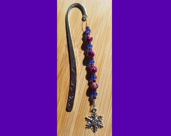 Book Jewelry - Snowflake Bookmark – Purple and blue glass beads (# 028)