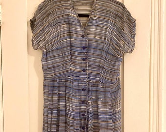 Vintage 1940s Day Dress, Lightweight Blue Striped Cotton