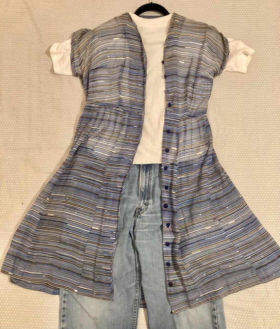 Vintage 1940s Day Dress, Lightweight Blue Striped… - image 4