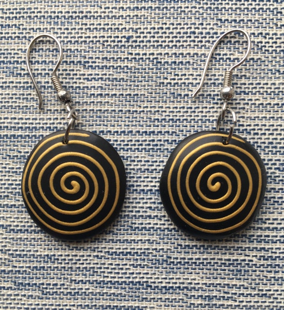 Vintage Gold Spiral dangle earrings, painted wood - image 1