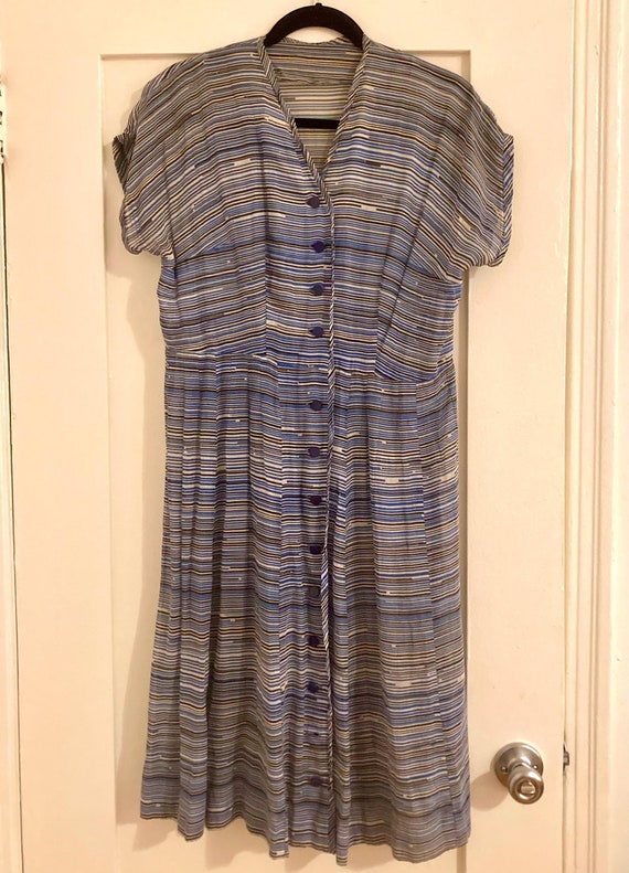 Vintage 1940s Day Dress, Lightweight Blue Striped… - image 1