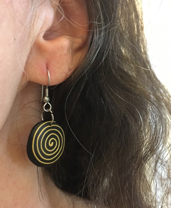 Vintage Gold Spiral dangle earrings, painted wood - image 2