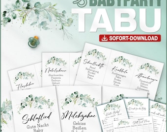Babyparty TABU Deutsch + 4 Extra Spiele | Baby Shower Spiel | Eukalyptus | Begriffe raten | PDF A4 mit 135 Begriffen | Download und Ausdruck