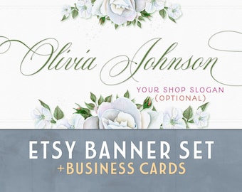 Weiße Rosen Etsy Shop Banner Set | Inklusive passender Visitenkarten | Facebook Banner | Blumen | Floral | Grün Weiß Blumen Etsy Banner