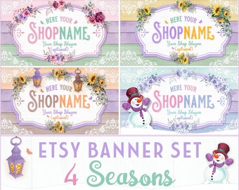 Etsy Shop Banner Set: „Vier Jahreszeiten“ | Etsy Shopbanner Bundle | Rustikal | Blumen | Spitze | Holz