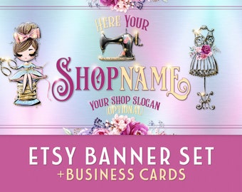 Nähen Etsy Shop Banner Set | Passende Visitenkarten + Passendes Facebook Banner | Nähmaschine + Blumen + Handarbeit + Bekleidung schneidern