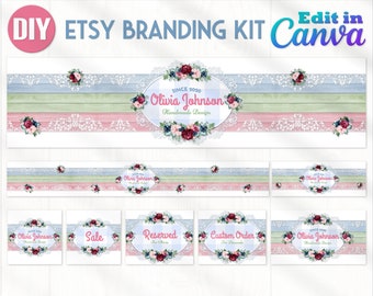 Rot Blau Rosa Blumen DIY Etsy Banner Canva Vorlage | Etsy Branding Kit | Shop Kit | Visitenkarten | Facebook Banner | Sofortiger Download