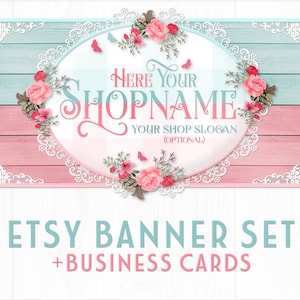 Ensemble de bannières de boutique Etsy, comprend des cartes de visite assorties, une bannière Facebook, un symbole de boutique Etsy, des fleurs rustiques en dentelle et en bois Shabby Chic