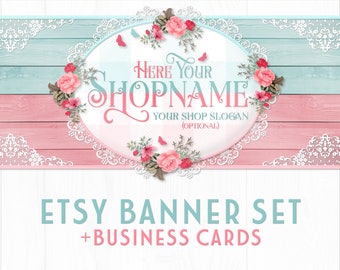 Etsy Shop Banner Set, Inklusive passender Visitenkarten, Facebook Banner, Etsy Shop-Symbol,Rustikal  Blumen Spitze Holz Shabby Chic