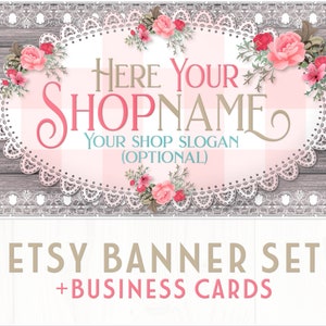 Rustikales Landhaus Etsy Shop Banner Set | Passende Visitenkarten | Passendes Facebook Banner | Holz + Blumen + Spitze +