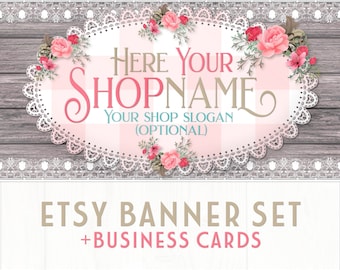 Rustic Country House Etsy Shop Banner Set | Matching Business Cards | Matching Facebook Banner | Wood + Flowers + Lace +