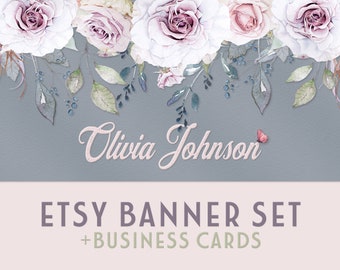 Rosen Etsy Shop Banner Set | Inklusive passender Visitenkarten | Facebook Banner | Blumen | Floral | Rosa Grau Etsy Banner
