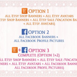 May include: A graphic showing three options for Etsy and Facebook banner packages. Option 1 includes all Etsy shop banners, sale banners, and avatars. Option 2 includes all Facebook banners and profile pictures. Option 3 is a complete package that includes all of the banners and avatars from options 1 and 2.