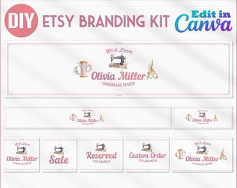 Nähen DIY Etsy Banner Canva Vorlage | Etsy Branding Kit | Visitenkarten | Facebook Banner | Nähmaschine | Blumen | Handarbeit | Bekleidung