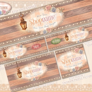 May include: A set of digital Etsy shop banners and social media graphics featuring a rustic wood background with a lace overlay, floral accents, and a lantern. The text "Here Your Shopname Here Your Shop Slogan" is displayed on each graphic. The graphics are available in various sizes for use as Etsy shop banners, Facebook cover photos, and Etsy avatar/Facebook profile pictures.