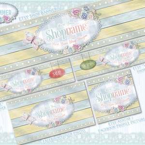 May include: A set of Etsy shop banners and social media graphics featuring a rustic wood background with a light blue and yellow colour scheme. The graphics feature a floral design with butterflies and the text "Shopname" with the tagline "Here Your Shop Slogan".