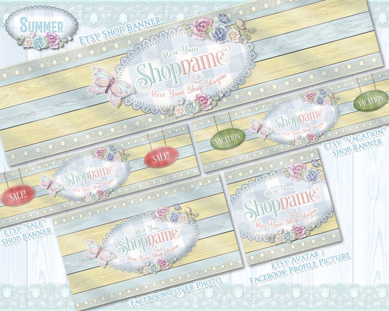 May include: A set of Etsy shop banners and social media graphics featuring a rustic wood background with a light blue and yellow colour scheme. The graphics feature a floral design with butterflies and the text "Shopname" with the tagline "Here Your Shop Slogan".