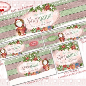 May include: A set of digital Christmas-themed Etsy shop banners and a Facebook cover photo featuring a Santa Claus illustration with a red and white colour scheme. The banners have a rustic wood background with a green and pink colour scheme. The text on the banners reads "Here Your Shopname Here Your Shop Slogan".
