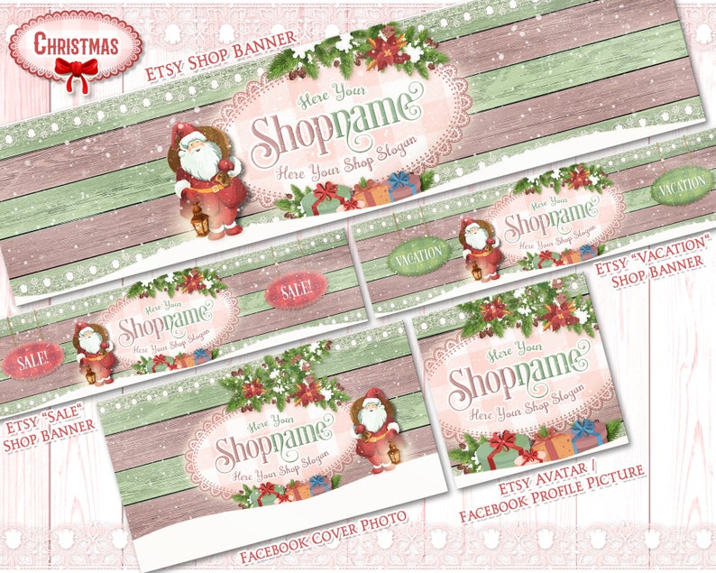 May include: A set of digital Christmas-themed Etsy shop banners and a Facebook cover photo featuring a Santa Claus illustration with a red and white colour scheme. The banners have a rustic wood background with a green and pink colour scheme. The text on the banners reads "Here Your Shopname Here Your Shop Slogan".
