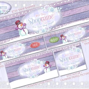 May include: A set of winter-themed Etsy shop banners and social media graphics featuring a snowman, snowflakes, and a purple and white wooden background. The text "Here Your Shopname Here Your Shop Slogan" is displayed on the banners.