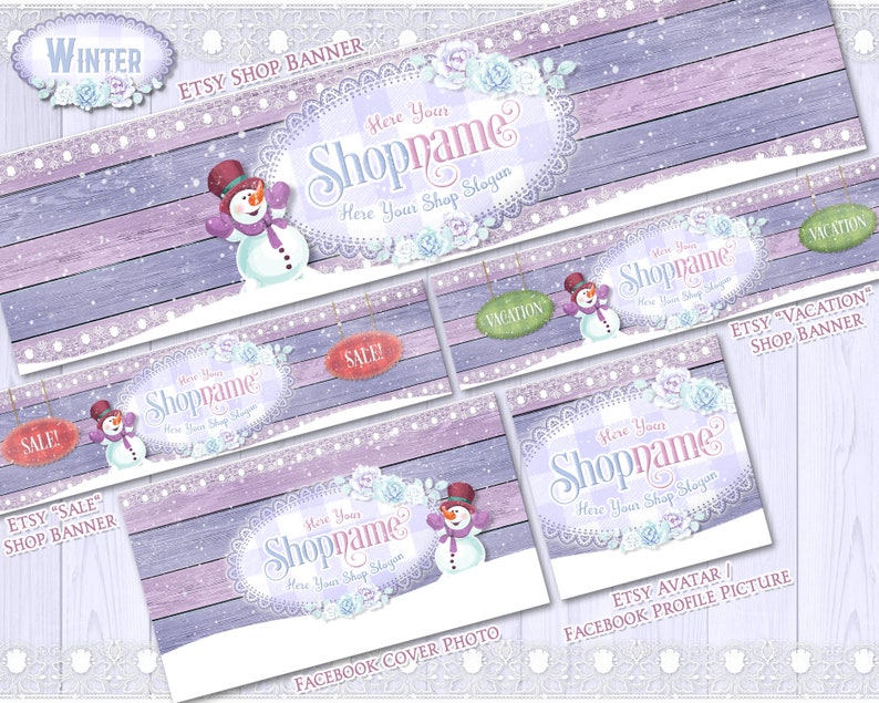 May include: A set of winter-themed Etsy shop banners and social media graphics featuring a snowman, snowflakes, and a purple and white wooden background. The text "Here Your Shopname Here Your Shop Slogan" is displayed on the banners.