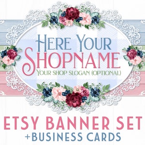 Ensemble de bannières de boutique Etsy, comprend des cartes de visite assorties, une bannière Facebook, une icône de boutique Etsy, du bois de dentelle florale rustique bordeaux marine