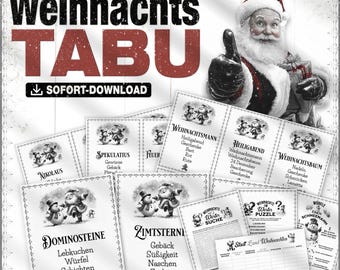 Pode incluir: Um conjunto de jogos com tema natalino intitulado "Weihnachts TABU" com cartas de jogo apresentando ilustrações de bonecos de neve e Papai Noel. A imagem inclui o texto "SOFORT-DOWNLOAD" e "+5 EXTRA SPIELE".